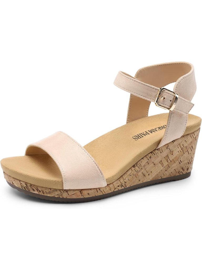Women's Platform Wedge Sandals Nude Open Toe Ankle Strap Buckle Shoes For Summer
